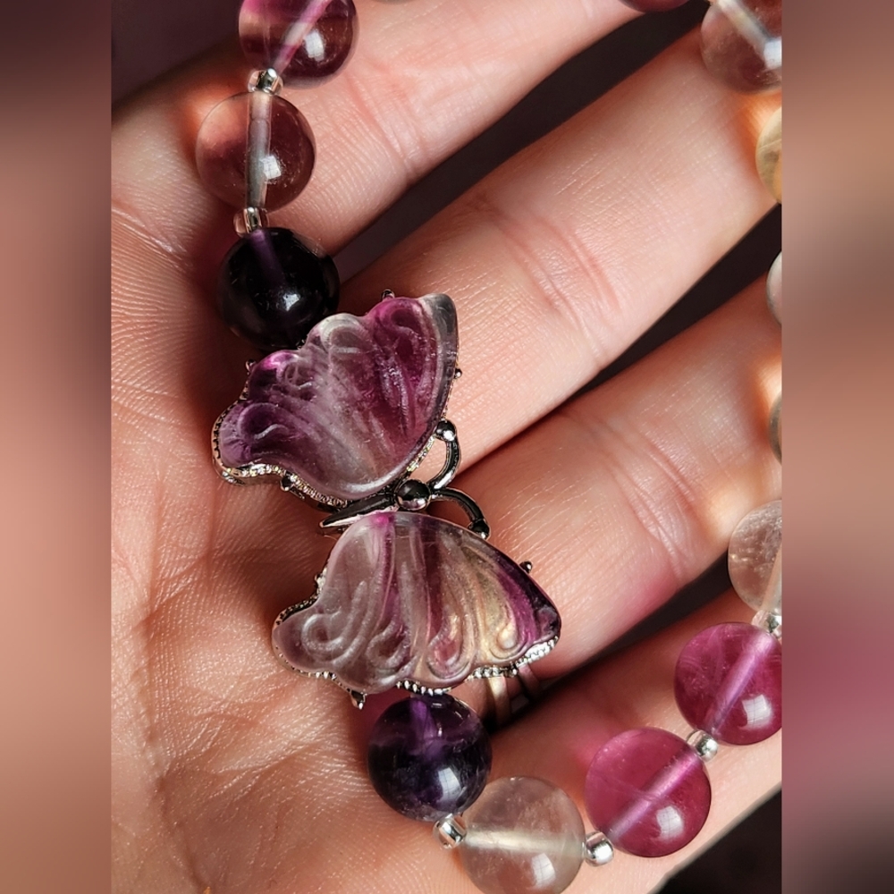 Handmade Genuine Candy Fluorite Butterfly Charm Beaded Crystal Bracelet - Picture 6 of 10